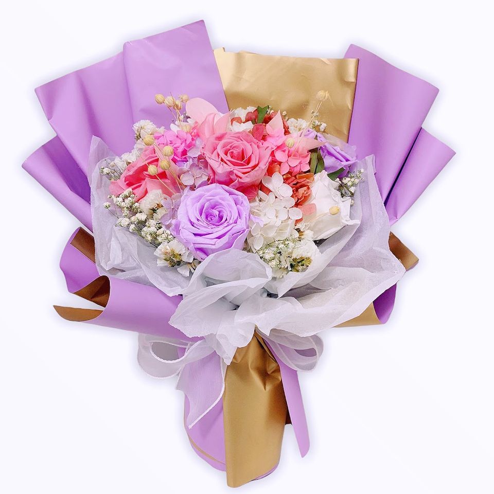 韓式永生花乾花花束紫白玫瑰生日求婚禮物 Eternal Flowers 香港訂花店 氣球場地佈置 玫瑰熊24小時下單服務
