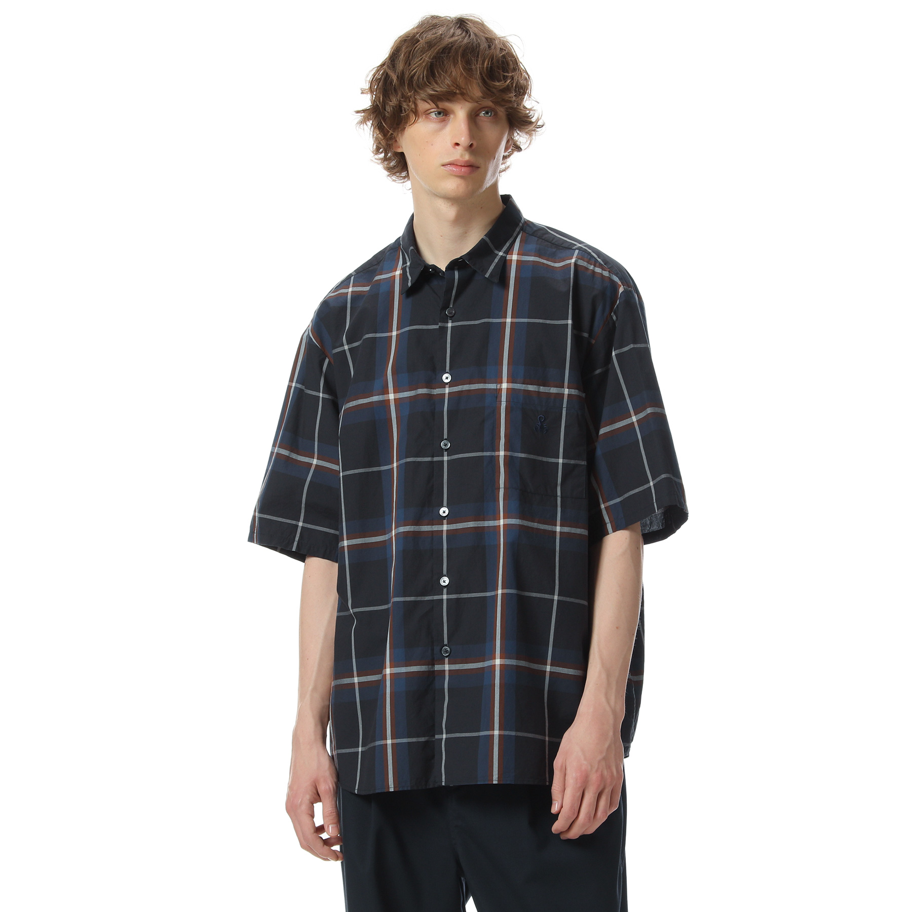 SOPHNET. S/S BAGGY REGULAR COLLAR BIG CHECK SHIRT / NAVY / S