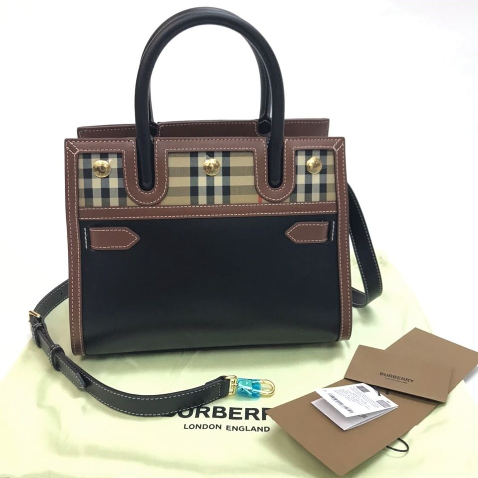 Burberry Mini Vintage Check Two-Handle Title Bag 迷你皮革與Vintage 格紋雙提柄Title 包  8025266