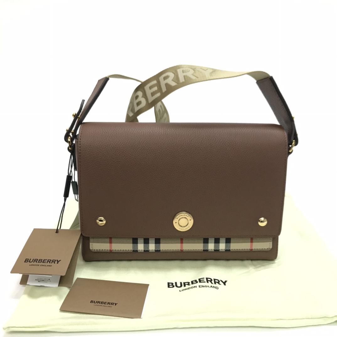 BURBERRY Calfskin Vintage Check Note Crossbody Bag Tan 1234668