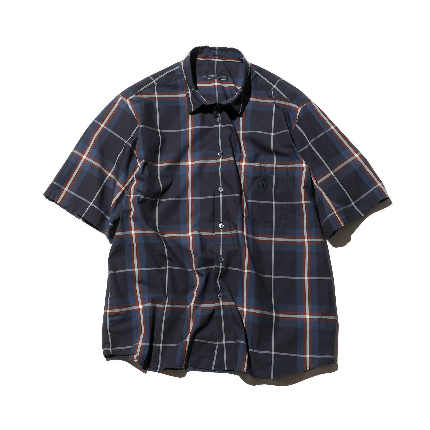 SOPHNET. S/S BAGGY REGULAR COLLAR BIG CHECK SHIRT / NAVY / S