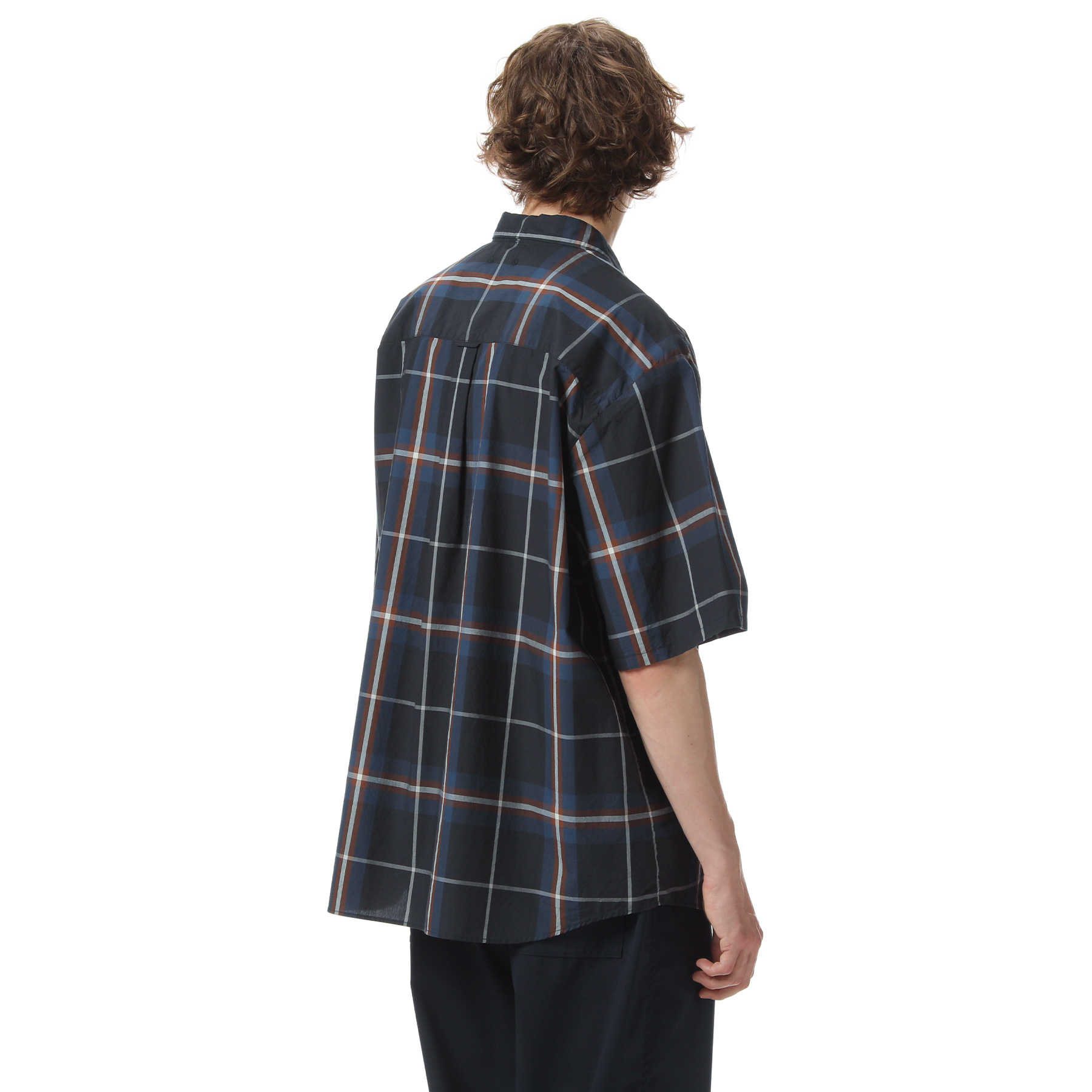 SOPHNET. S/S BAGGY REGULAR COLLAR BIG CHECK SHIRT / NAVY / S