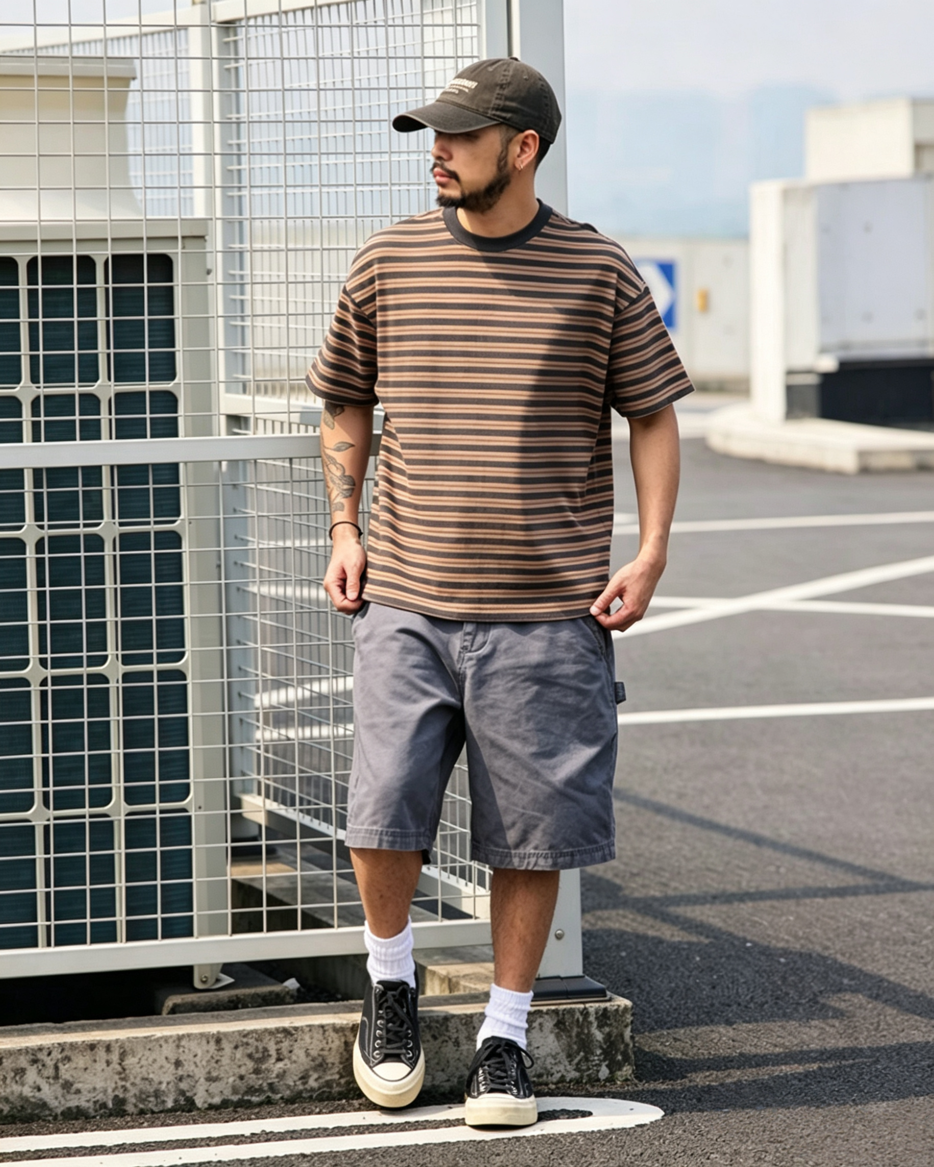 M1321 重磅洗水拼色條紋Tee