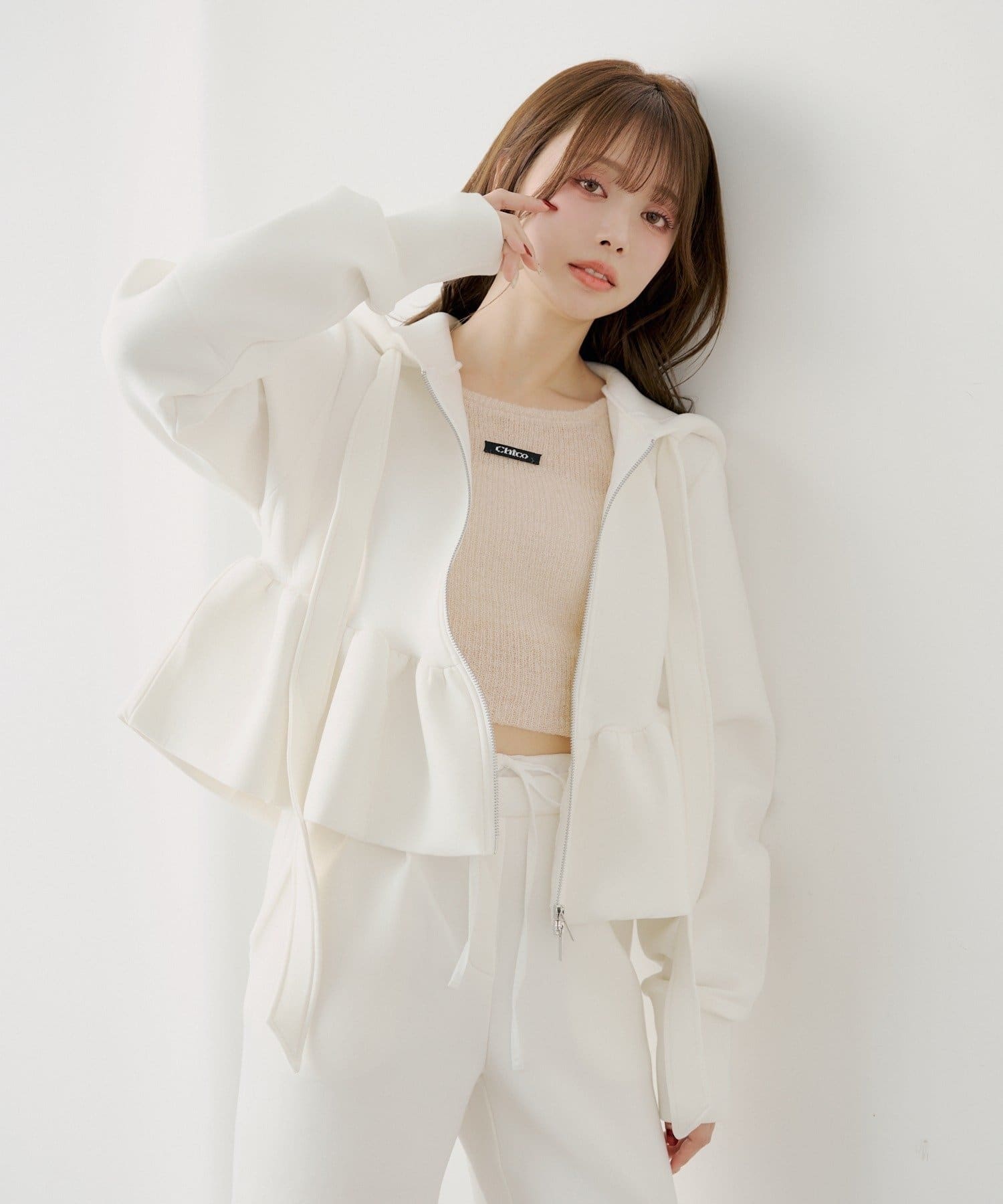 4月連線貨品 - 日本女裝寬緞帶荷葉邊拉鍊衛衣