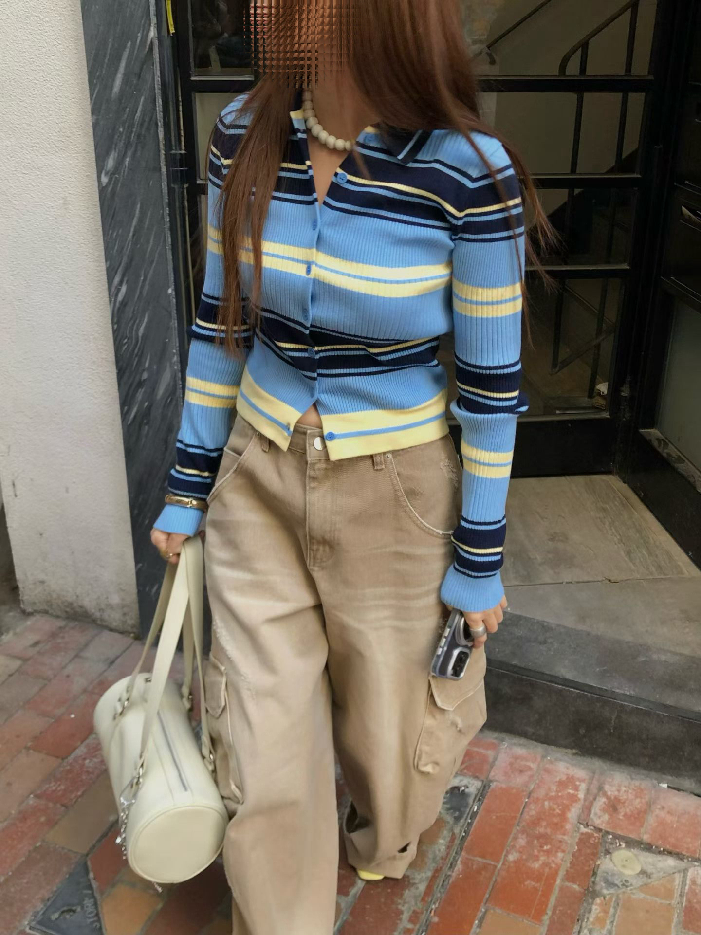 Retro rainbain ribbed knit top