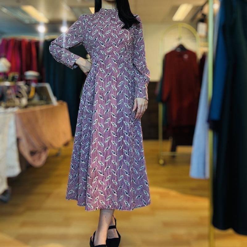 Vintage 1990-2000 Patterned Tie-Collar Ankle Length Day Dress(PP001-17)