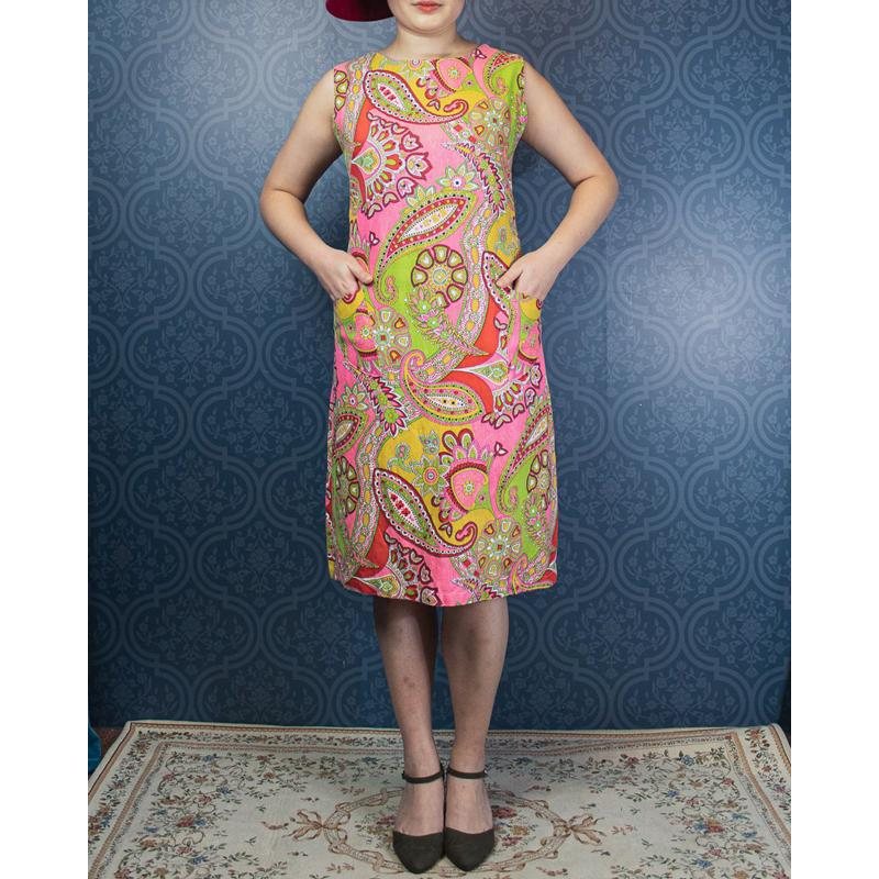 Vintage C.a. 1960s Paisley Pattern MOD Summer Dress - Size L (MU105-46)