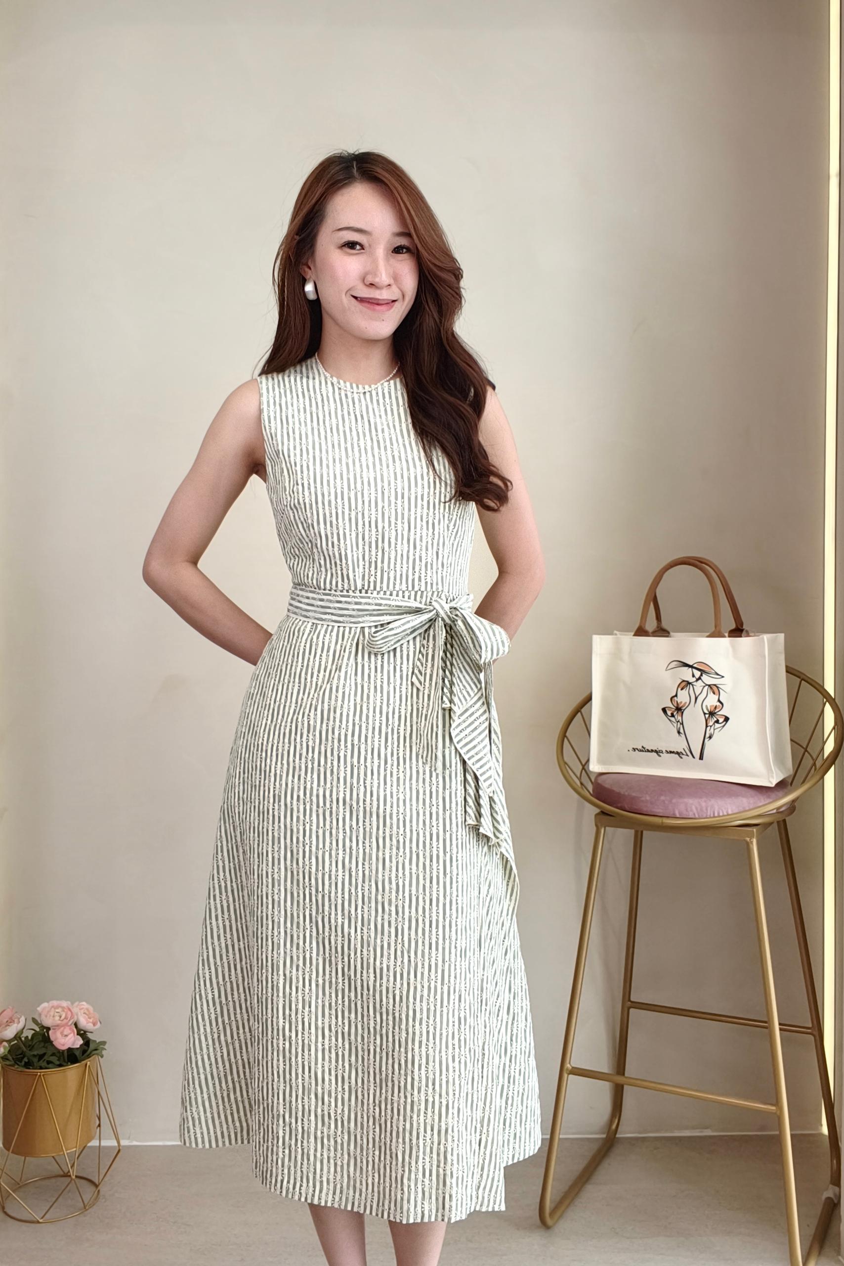 934916 Soft Stripe Ribbon Waist Midi Dress