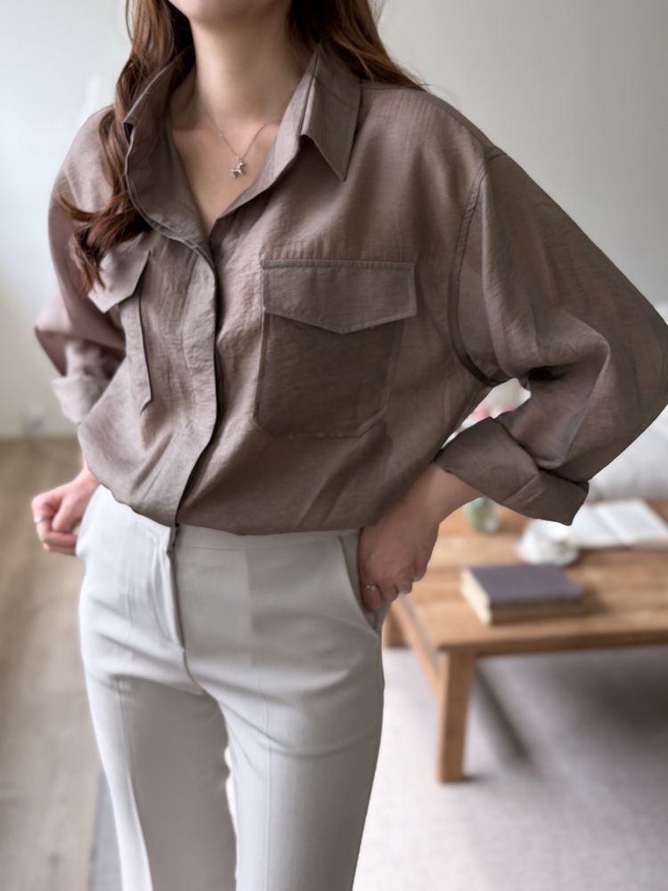 Feminine Belted Pocket Blouse (Brown)