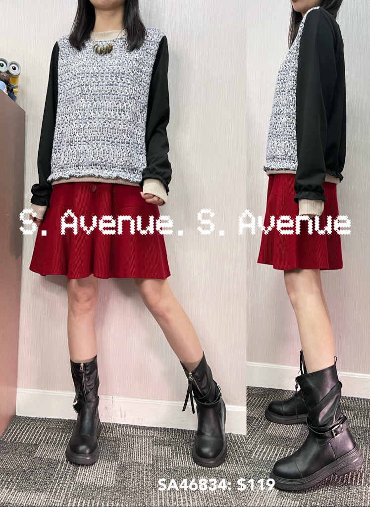 SA46834: 長袖撞色邊中間拼織布料top