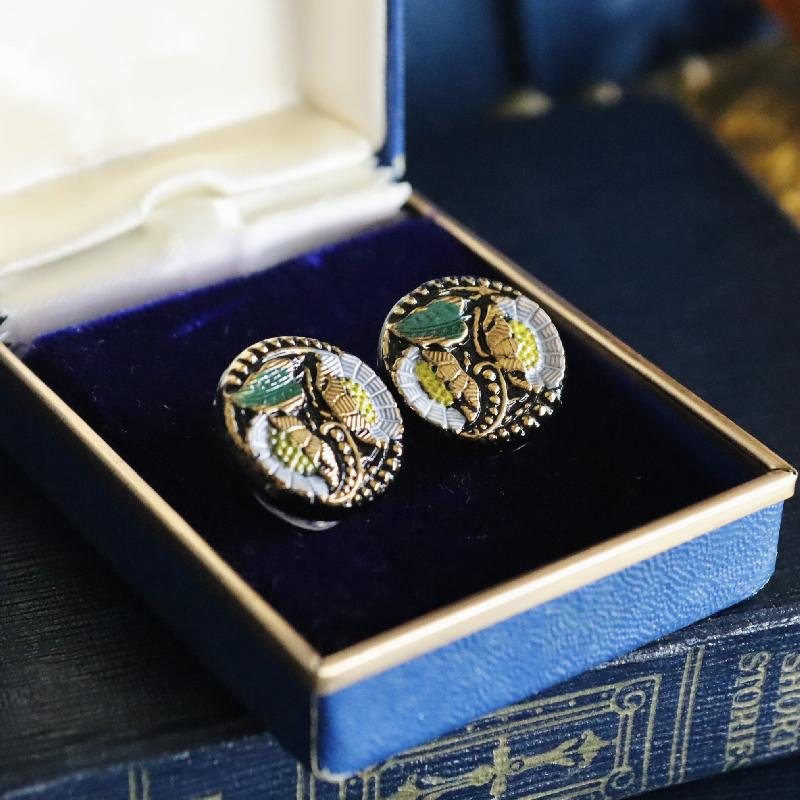 Antique Early 20th Century Czechoslovakian Embossed Floral Pattern Glass Button Remade into Clip Earrings(MY1620)