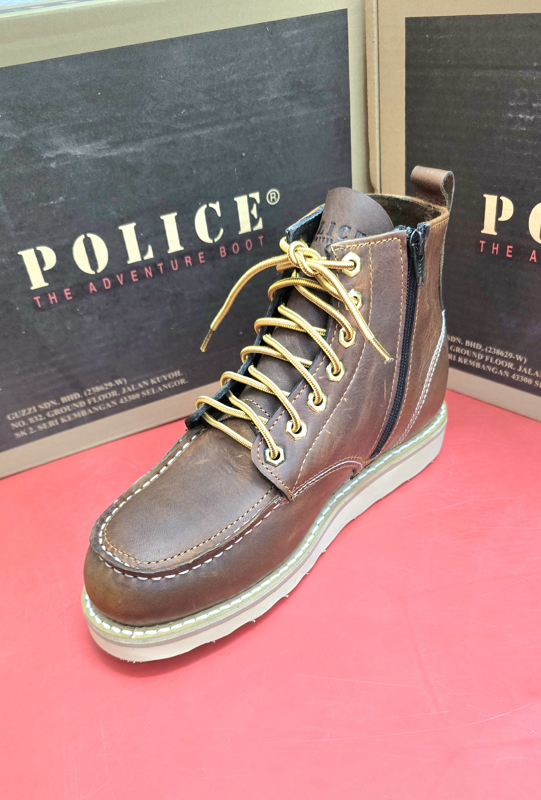 Police 93256 Men's Mid Cut Side ZIP Premium Safety Work Boots  SAFETY Steel Toe Cap, Steel Plate, Goodyear Welt, Genuine Leather Kasut Keselamatan