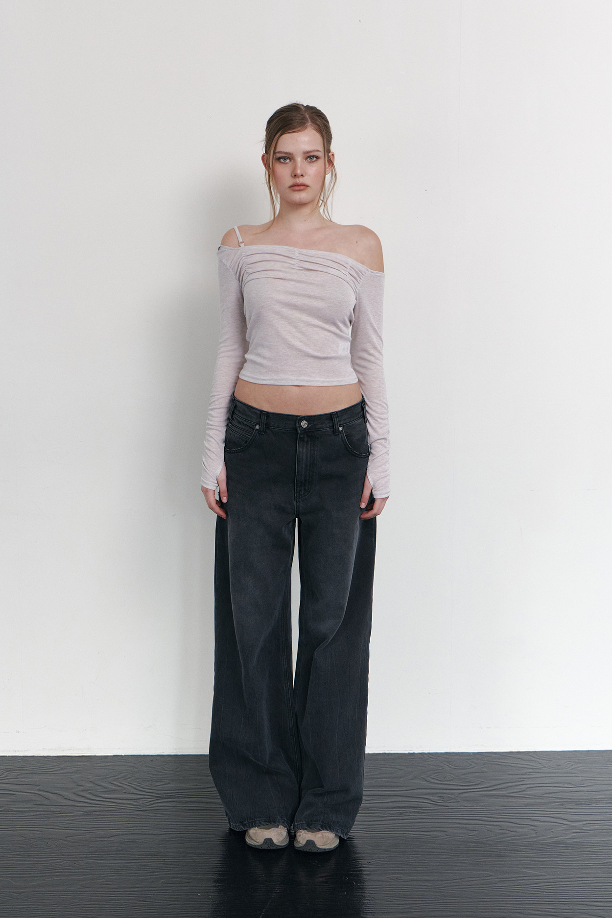pleaseNOFOLLOW - Halo Unbal Shirring Long Sleeve Top (Dusty Pink)
