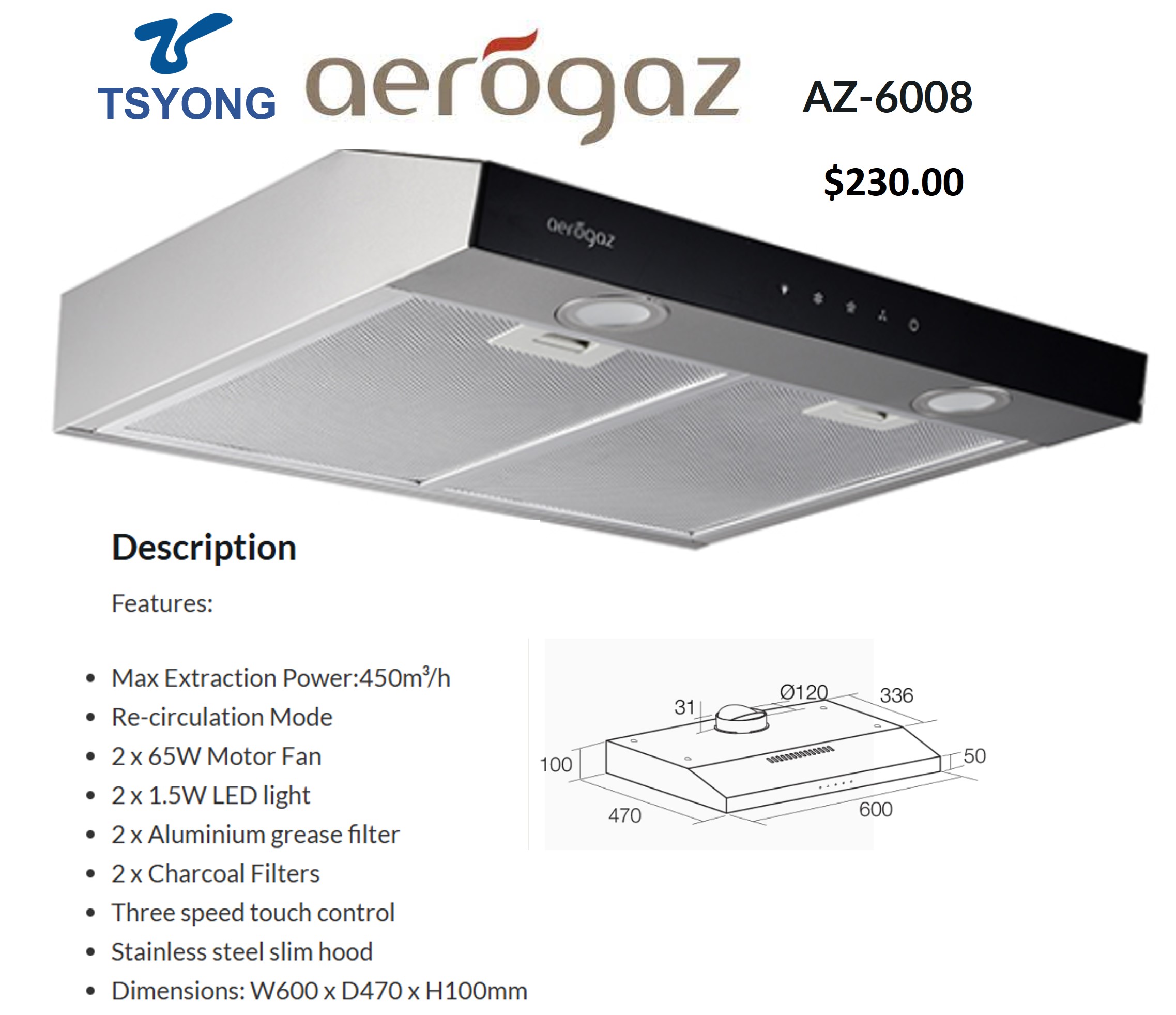 ARROGAZ 60cm Slim Lux Hood AZ-6008