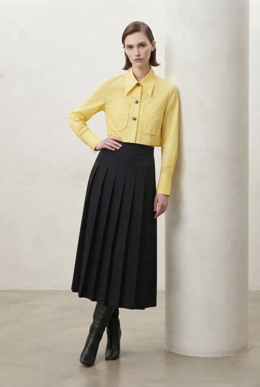 2162BS High Waisted Knife Pleated Midi Skirt