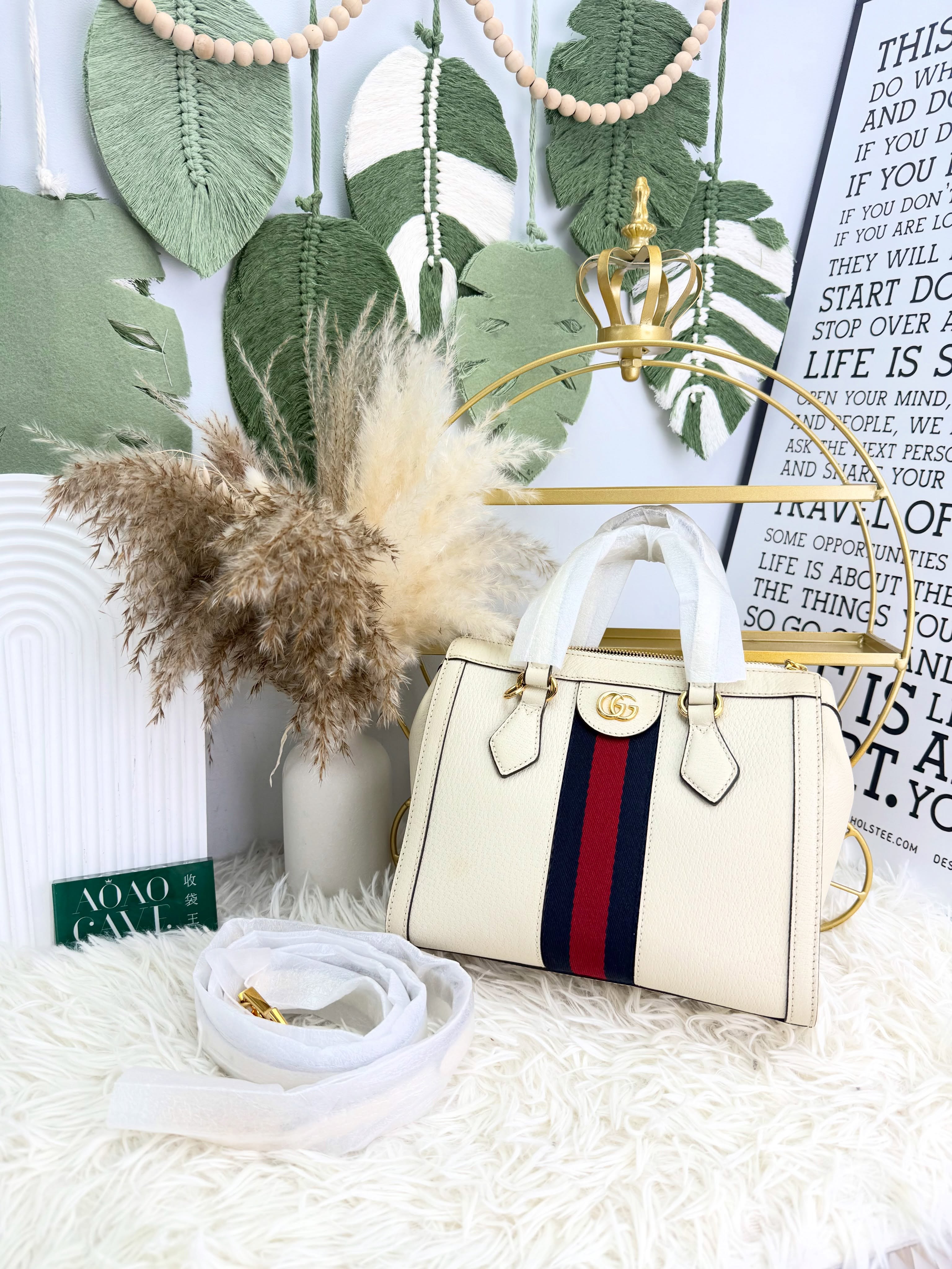 Gucci未使用品✨Ophidia Small 白色牛皮拼红藍織帶 有塵袋有肩帶有單💙❤️ 