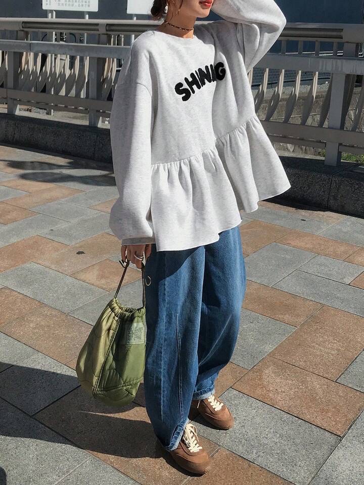 時尚寬鬆字母印花娃娃衫上衣