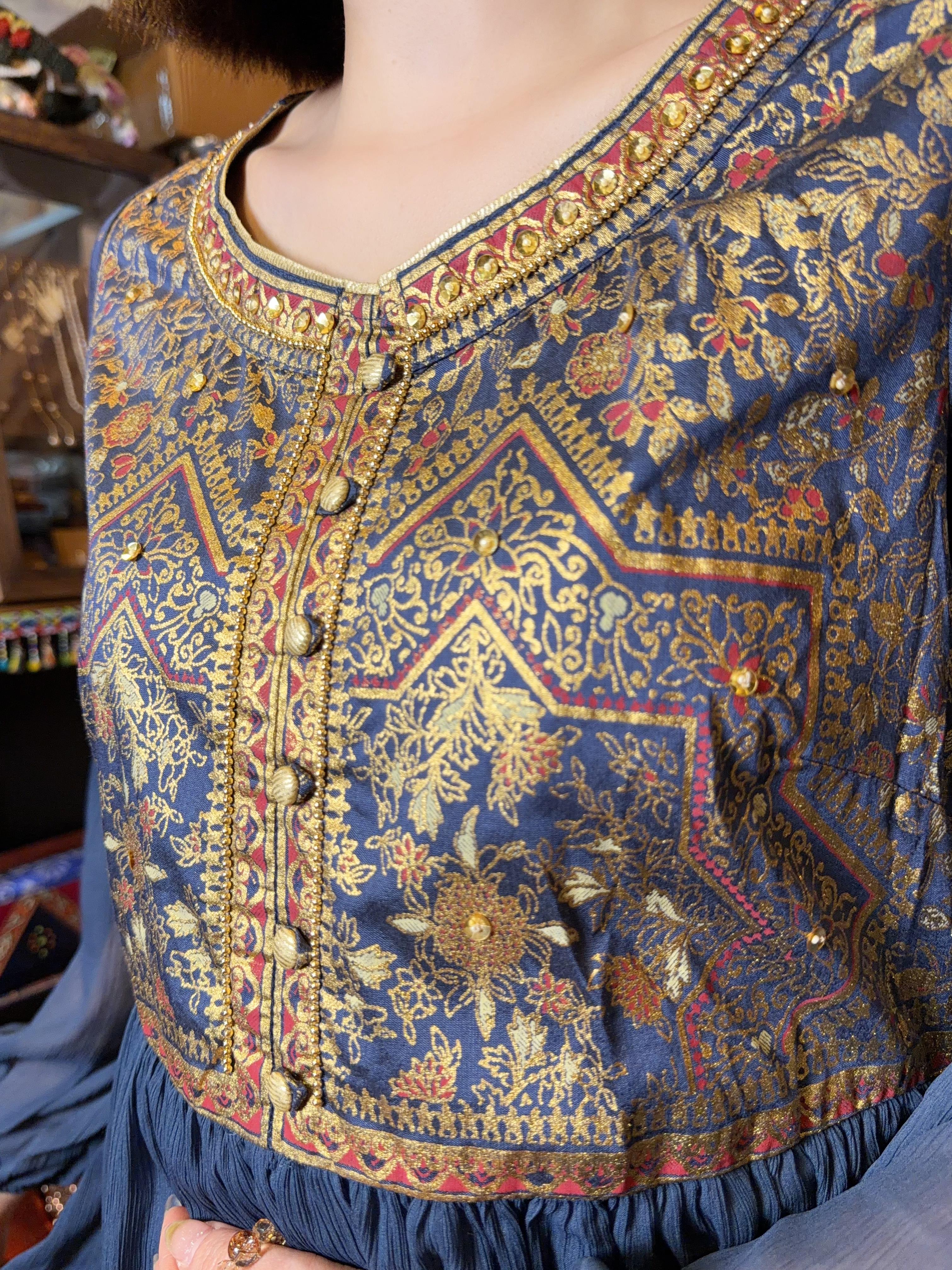 Royal Blue Gold Print Round Neck Chiffon OP 39.5" #1124