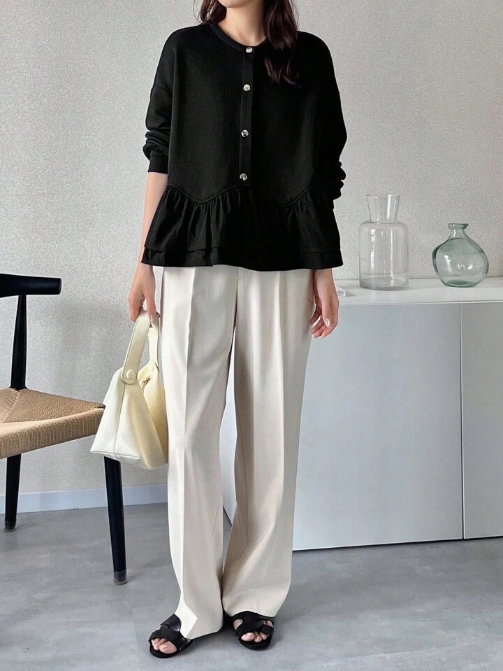 時尚荷葉邊鈕扣針織外套