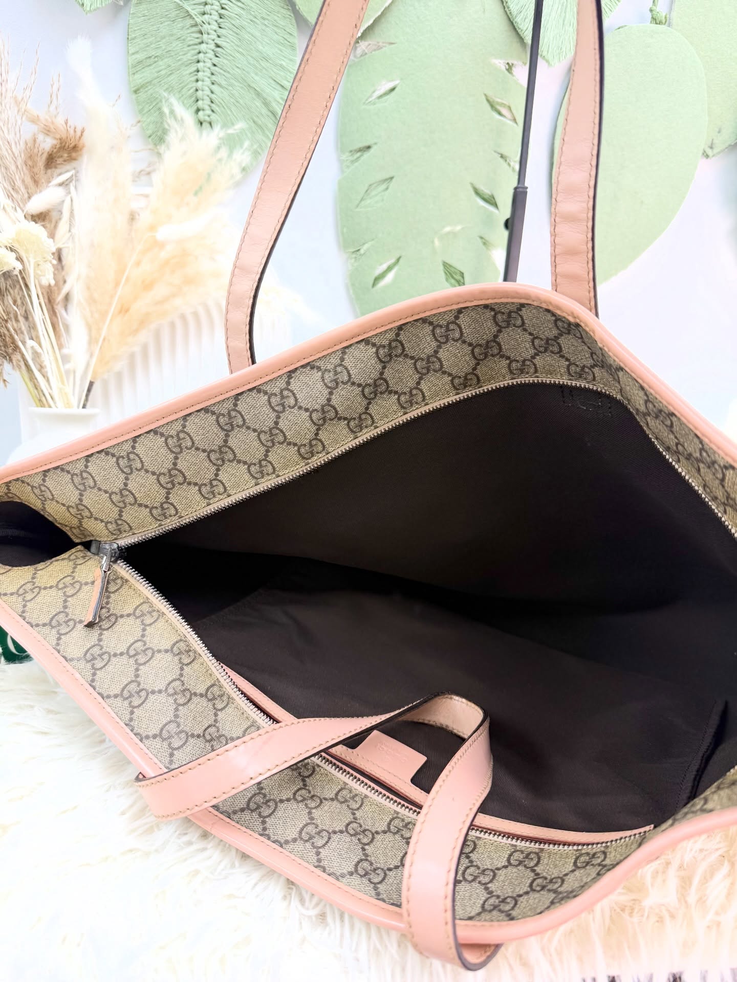 Gucci🤍PRE OWNED 🩷粉紅色皮革帆布拼皮 老花tote 有塵袋🛍️ 