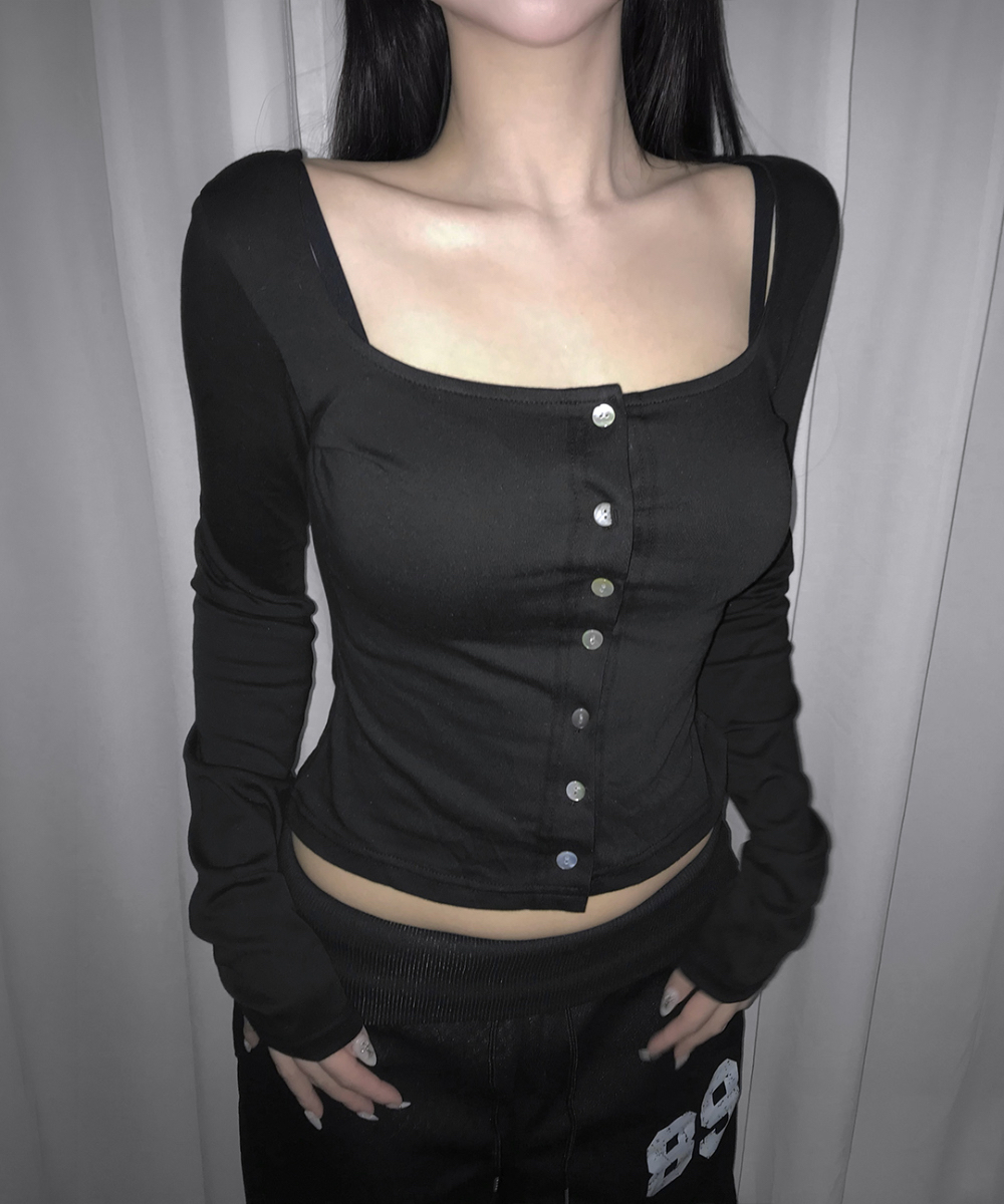 Square Neck Button-Up Long Sleeve Top