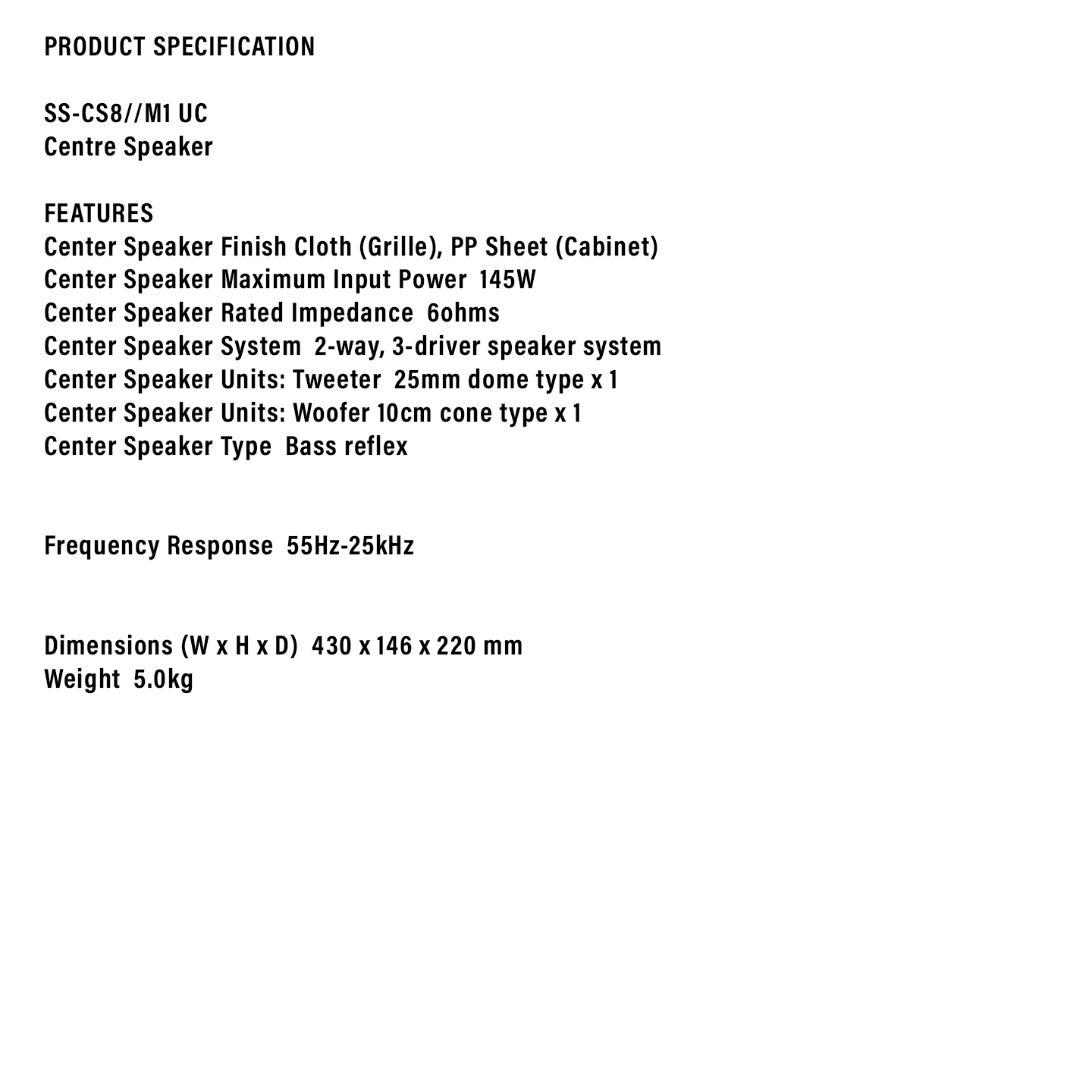 Sony 2-Way Center Channel Speaker Home Theatre (SS-CS8)