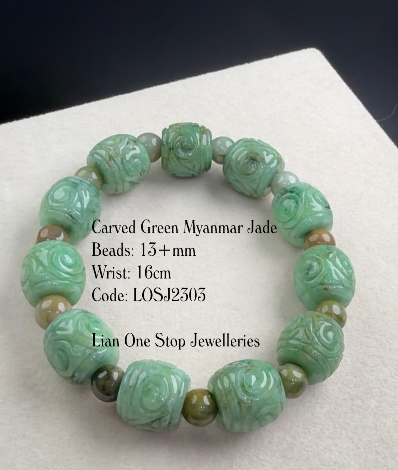 Code: LOSJ2303 Carved Green Myanmar Jade 13+mm 