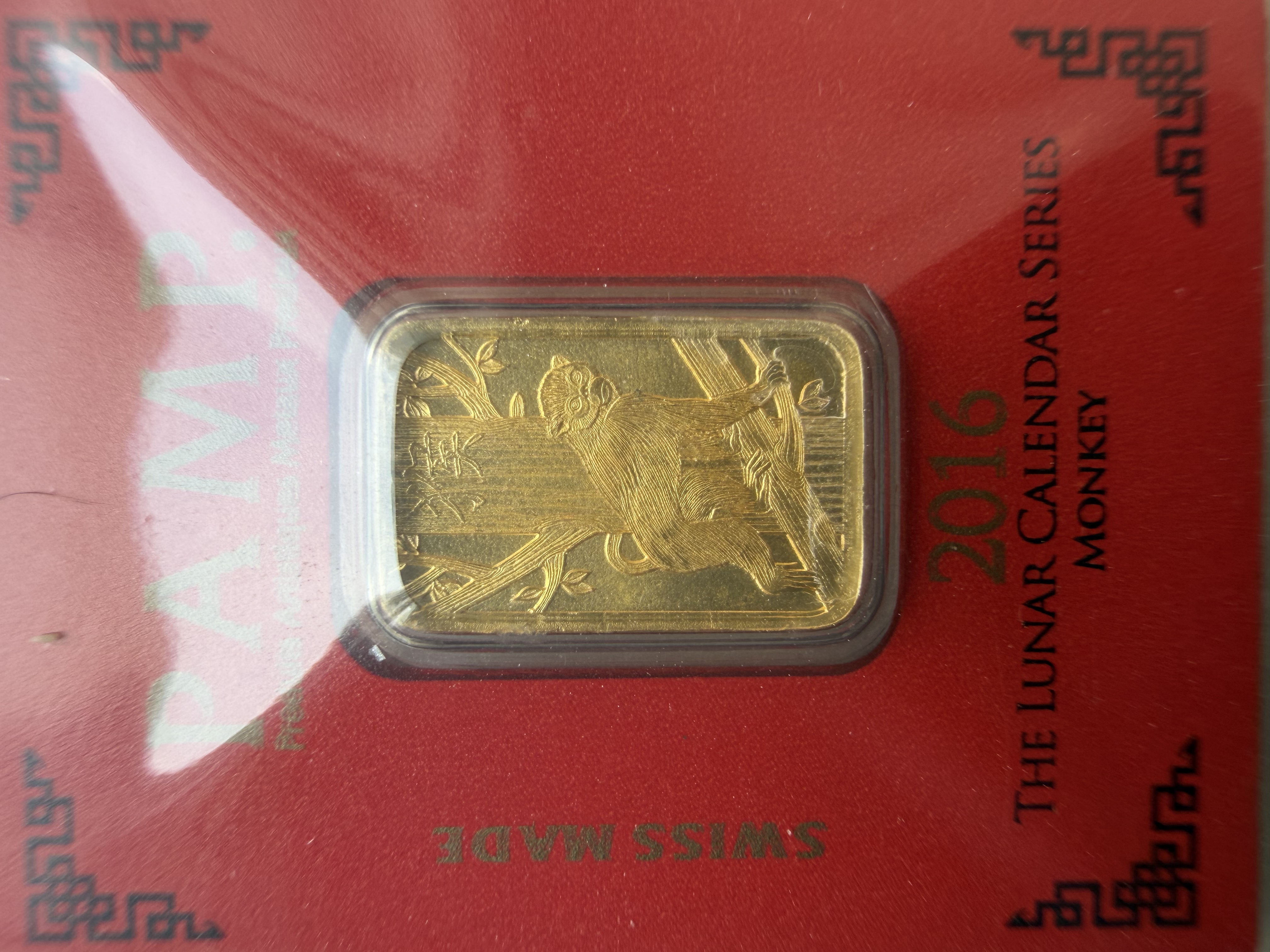 (SN 2391) PAMP Lunar 2016 Monkey 1g🇨🇭Swiss Fine Gold Bar Emas 999.9 瑞士海外生肖猴金