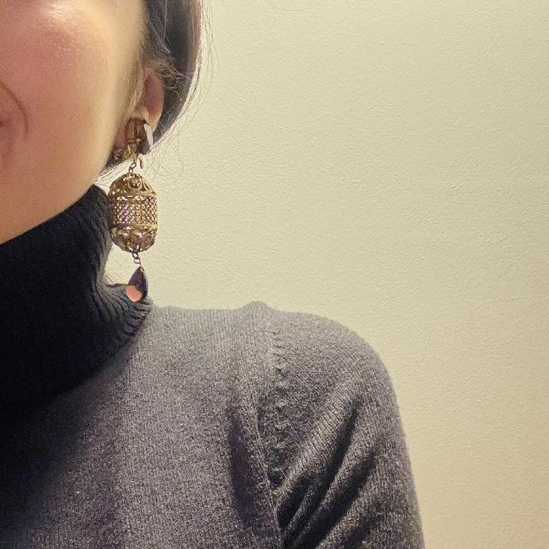 C.a. 1950s Czechoslovakian Baroque Style Gilded Lattice Clip Earrings with Amethyst Glass Teardrops(MT2421)