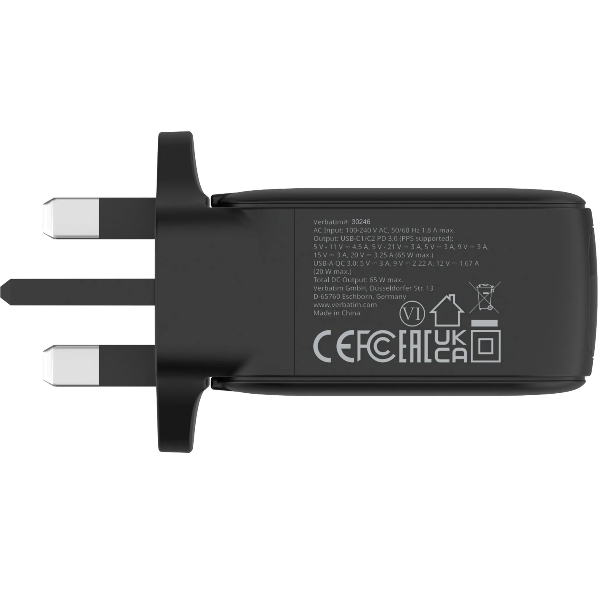 Verbatim 威寶｜65W迷你GaN牆式充電器(帶顯示屏+英規插頭)