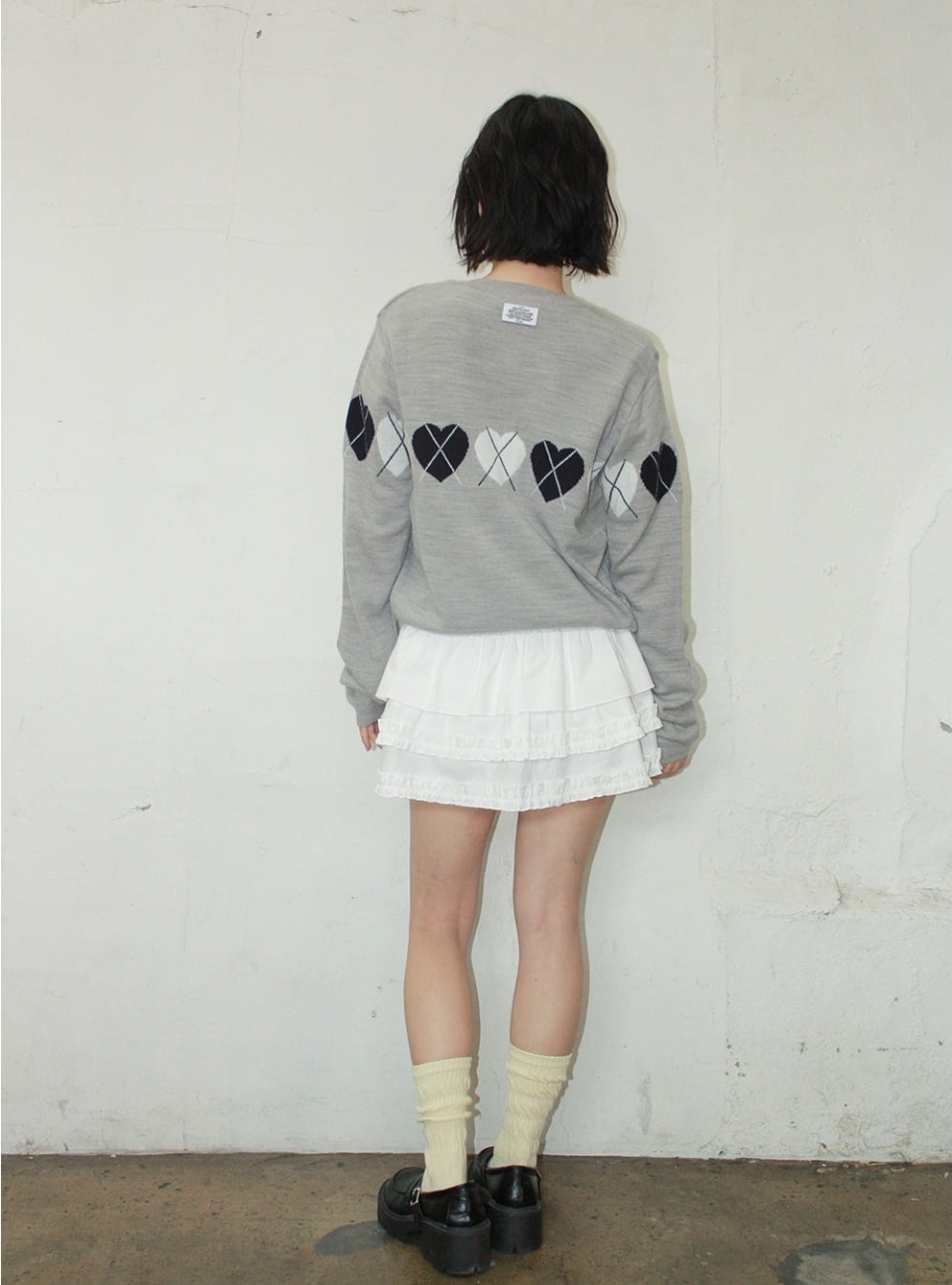 Ron Ron Heart Argyle Line Knit Cardigan