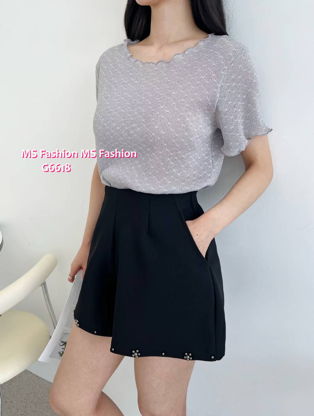 G6618 暗紋木耳邊top