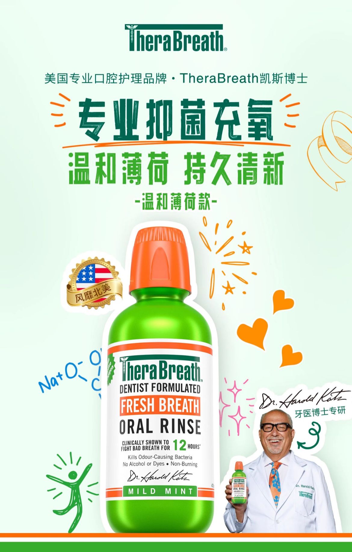 Therabreath 凱斯博士 漱口水 口氣清新口腔漱液 溫和薄荷味 1L*2枝 平行進口 此日期前: 2027-08-01
