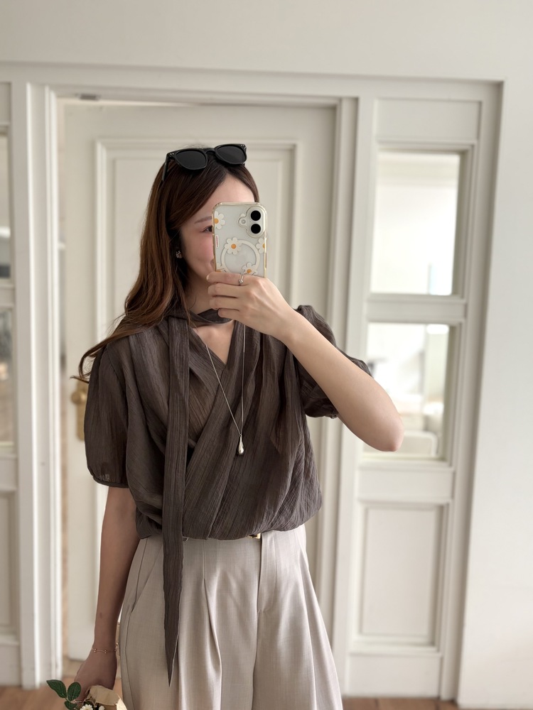 Louise Wrap Blouse with Tie (Brown)