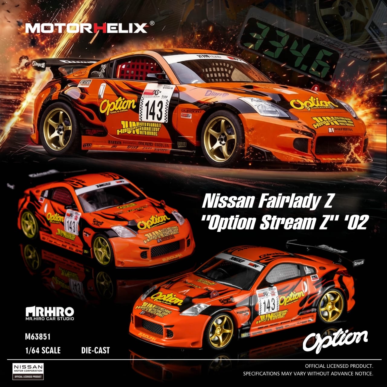 （預訂 Pre Order) MOTORHELIX × Mr.Hiro × Option （ M63851 ）1/64 Nissan Fairlady Z，"Option Stream Z" ‘02（Z33)