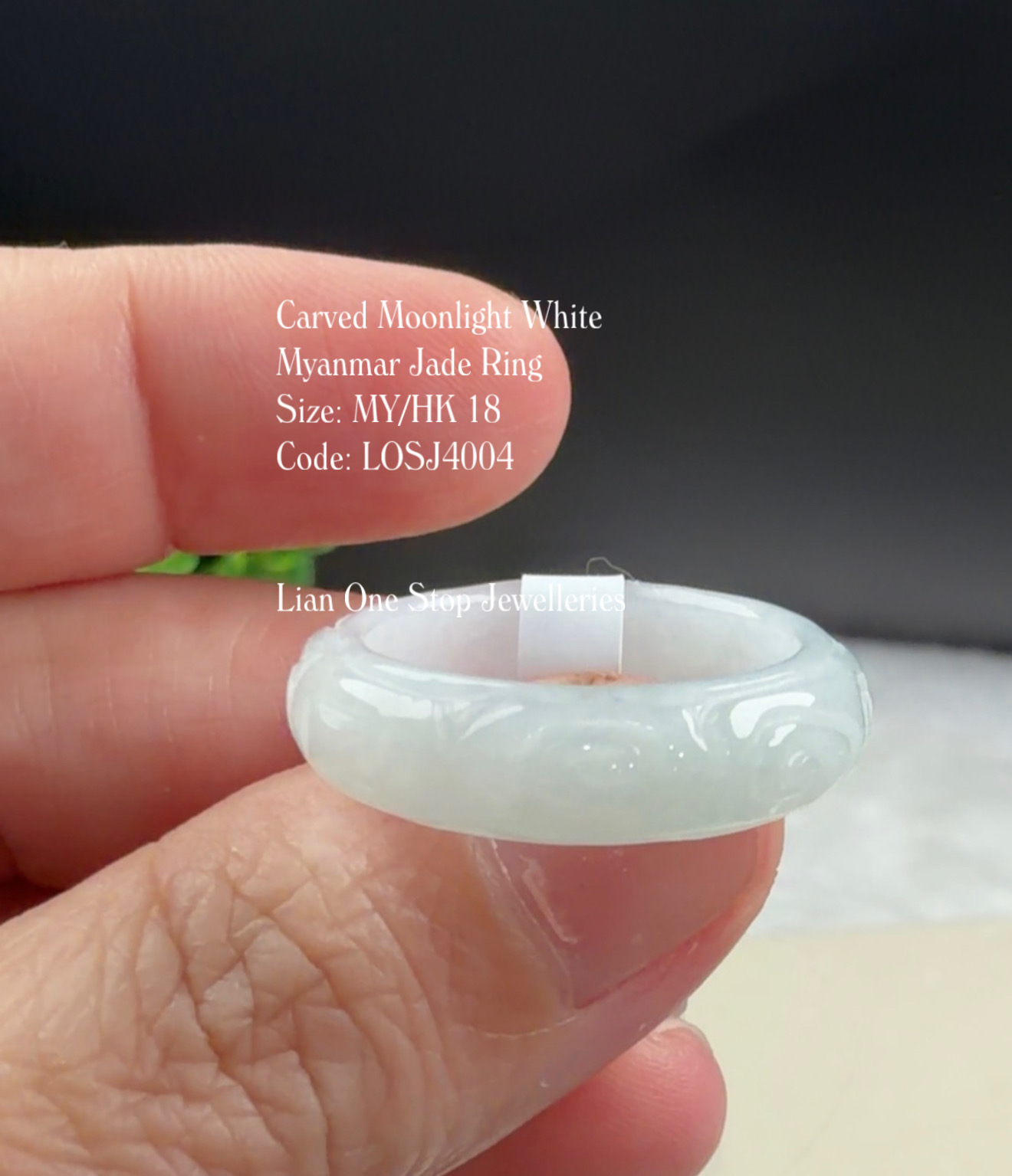 Size 18 Code: LOSJ4004 Carved Moonlight White Myanmar Jade Ring 
