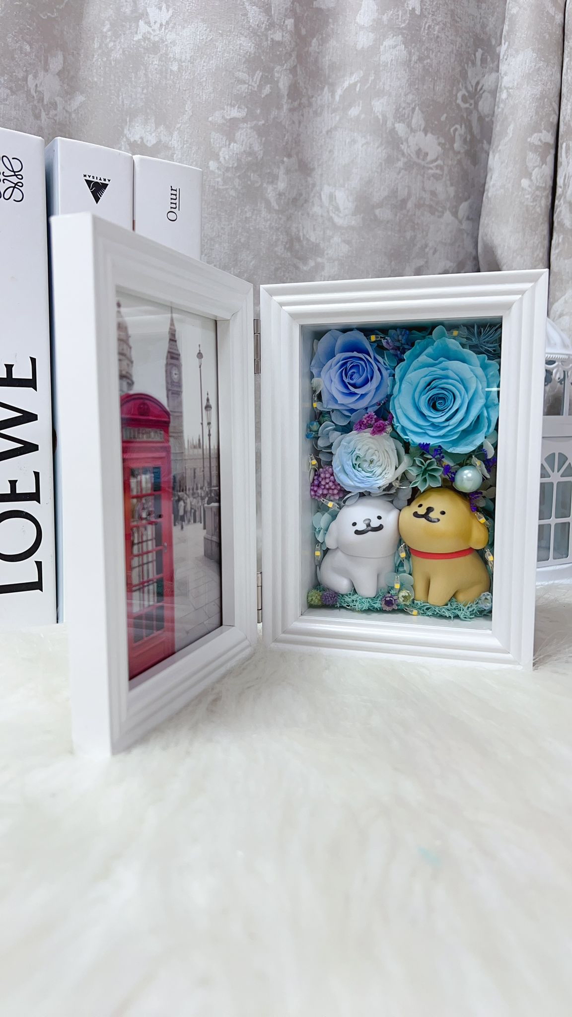 線條小狗藍玫瑰永生花4R相框