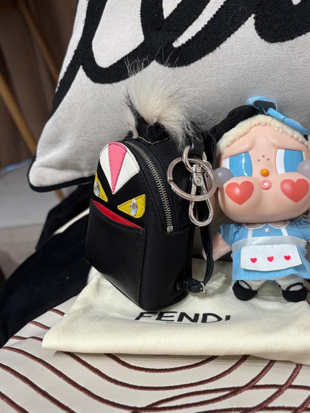 FENDI FUR MONSTER BACKPACK CHARM BLACK NYLON  100%Authentic,98%new✅dust bag  