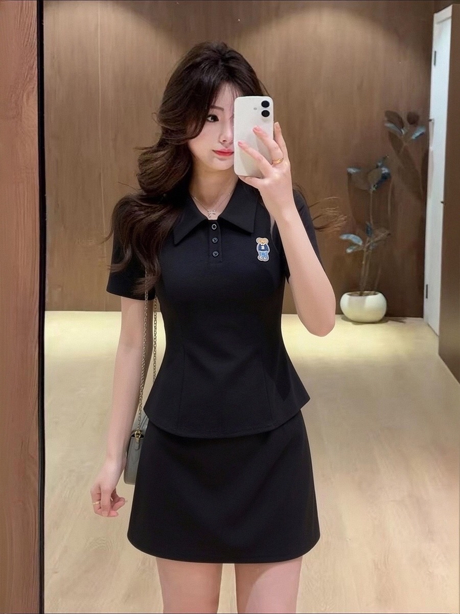 B281(3580短) 短款韩系小香风RL小熊POLO领上衣与短裙黑套装 