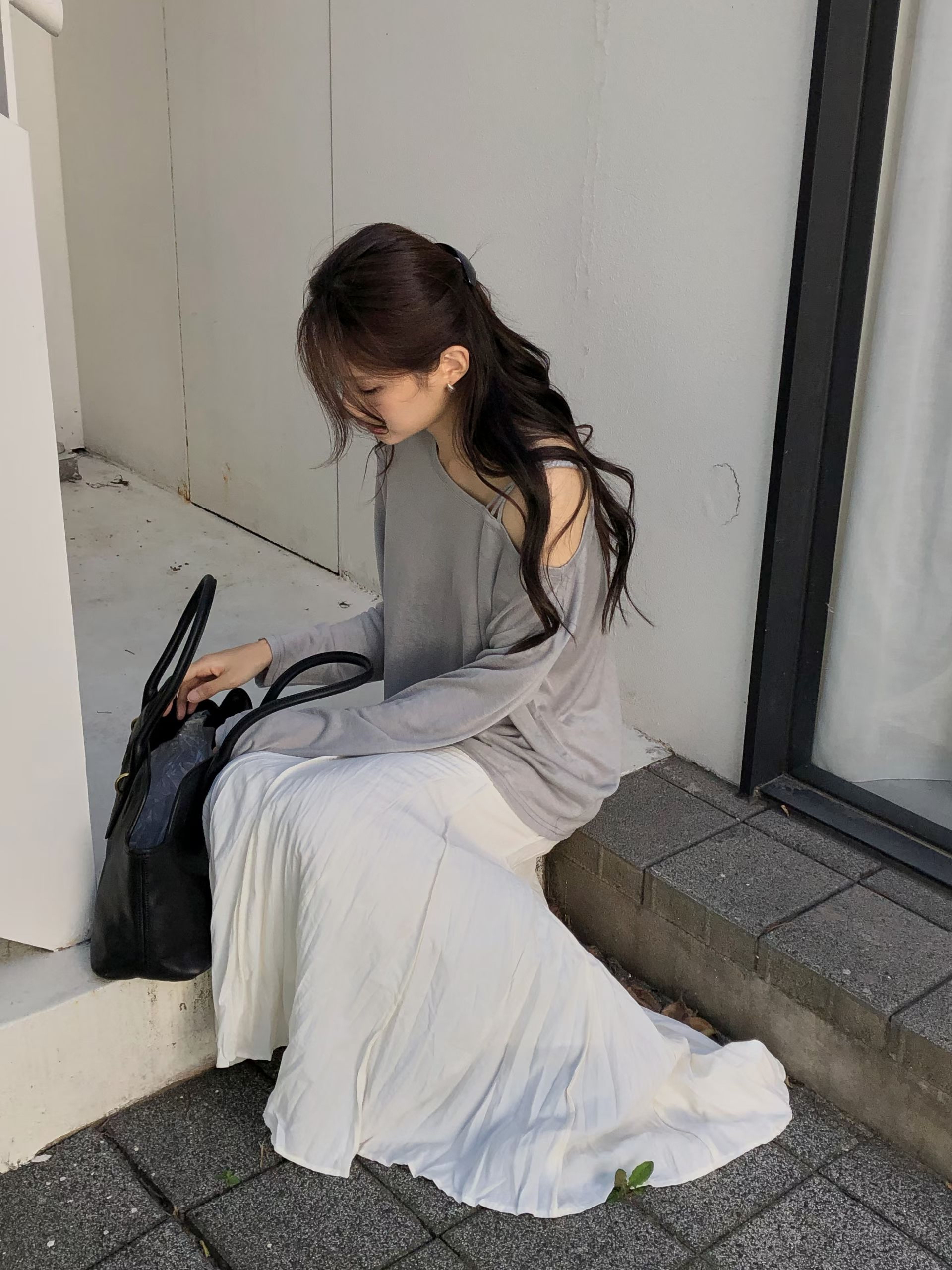 Natural pleats long skirt