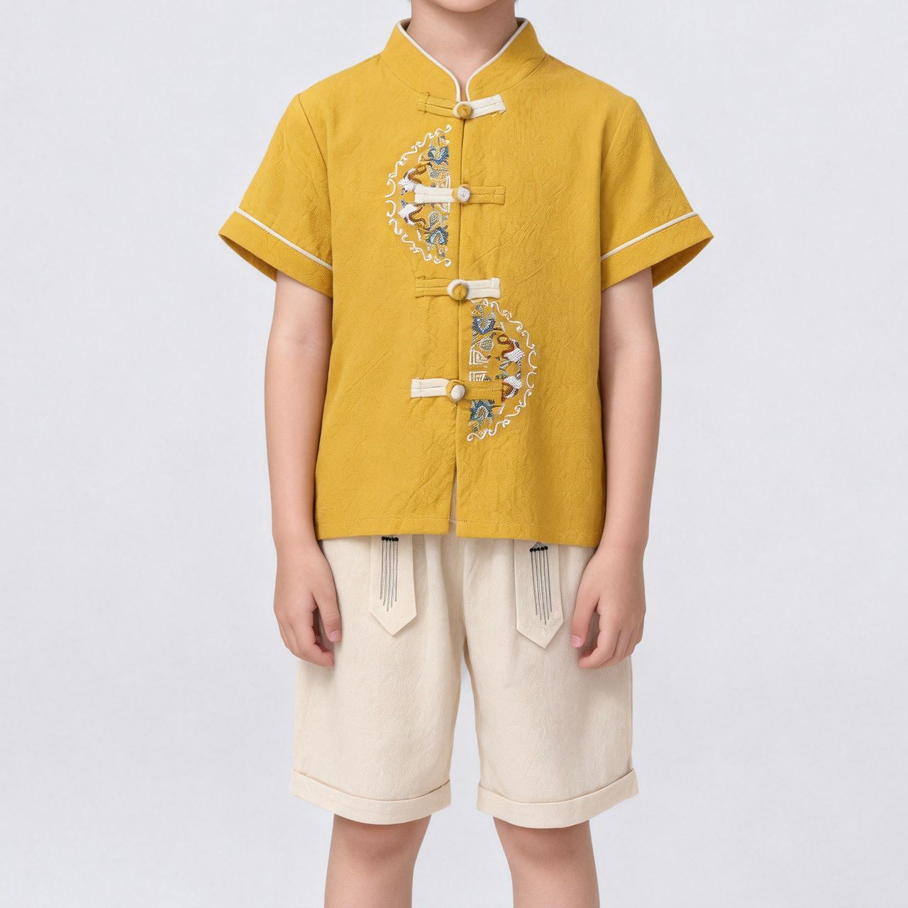 032087 | Boys' Mandarin Collar Embroidered Shirt and Shorts Set