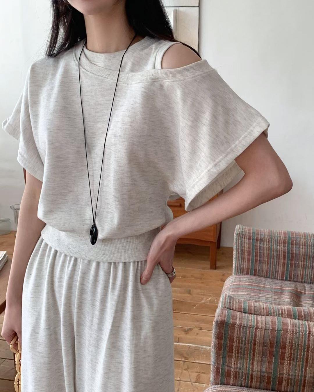 不對稱露肩長褲 Set