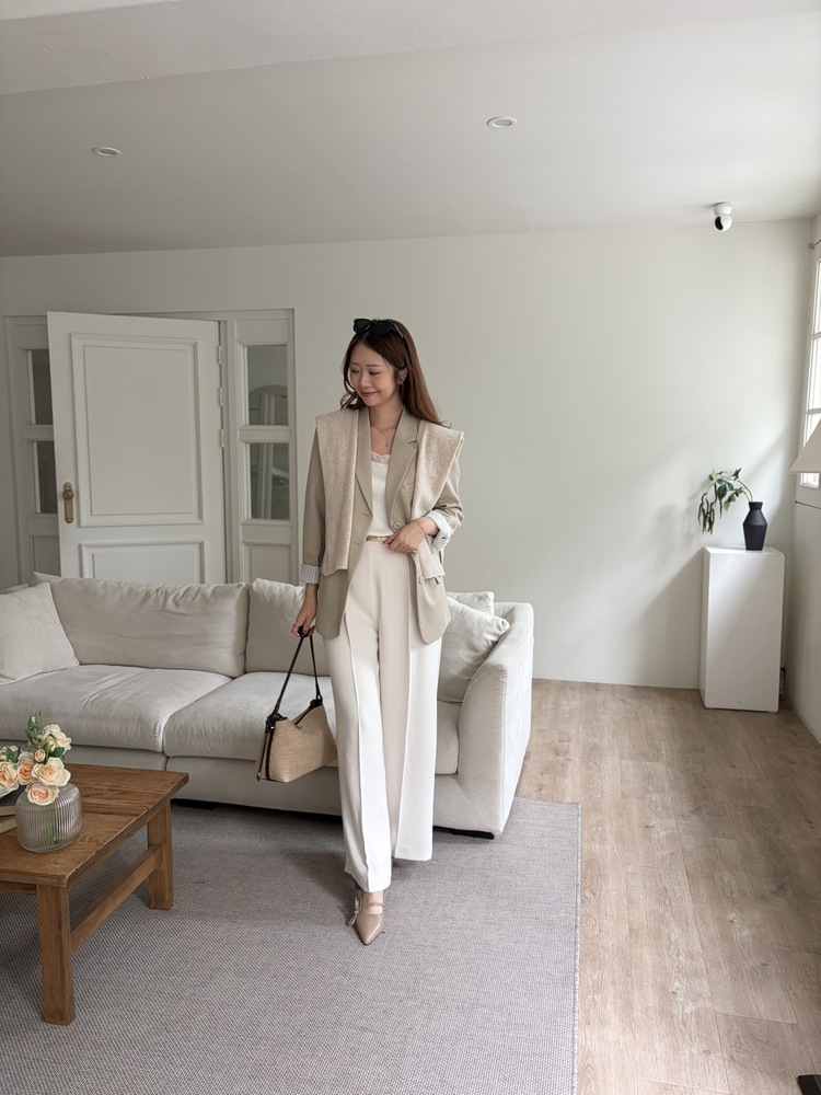 Margot Blazer with Striped Cuffs (Beige)