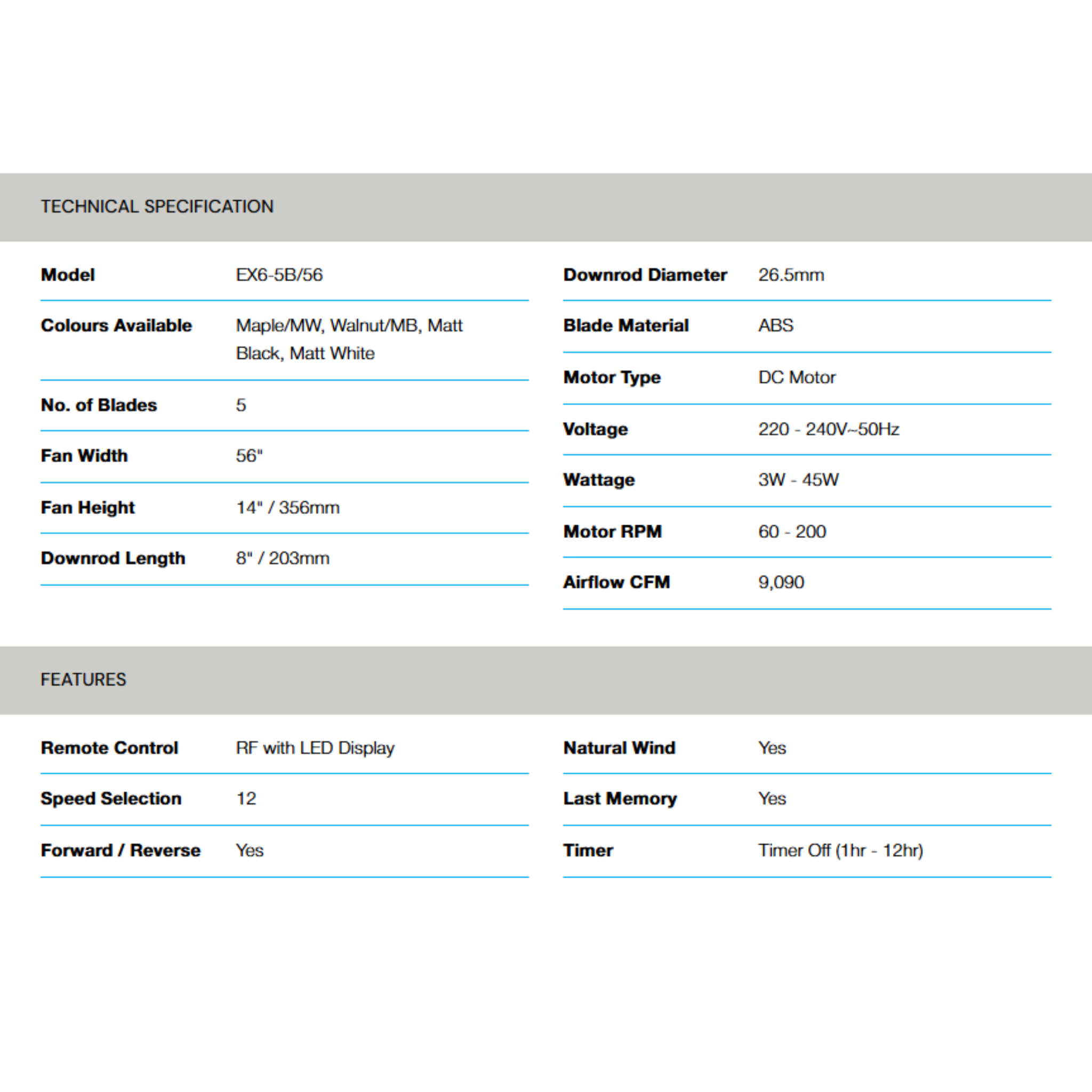 Alpha 56" EX6 AC Motor ABS Ceiling Fan (EX6-5B)