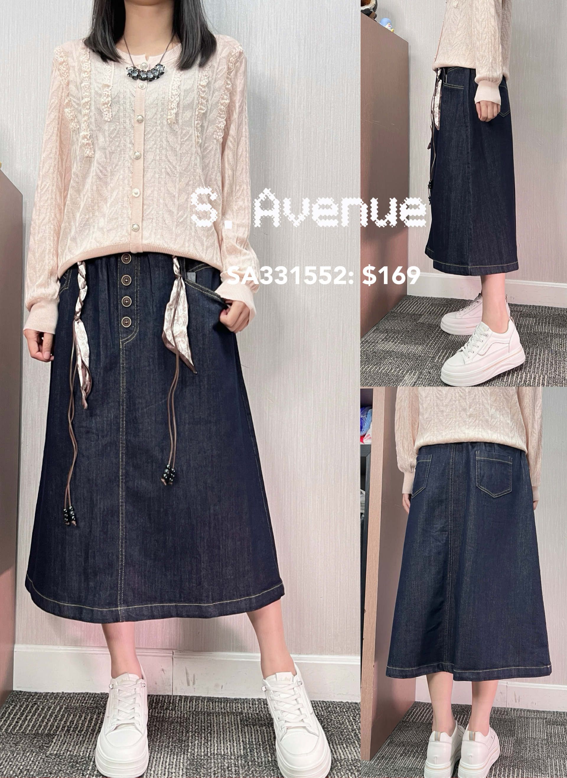 SA331552: 橡筋腰前四粒鈕A字牛仔裙