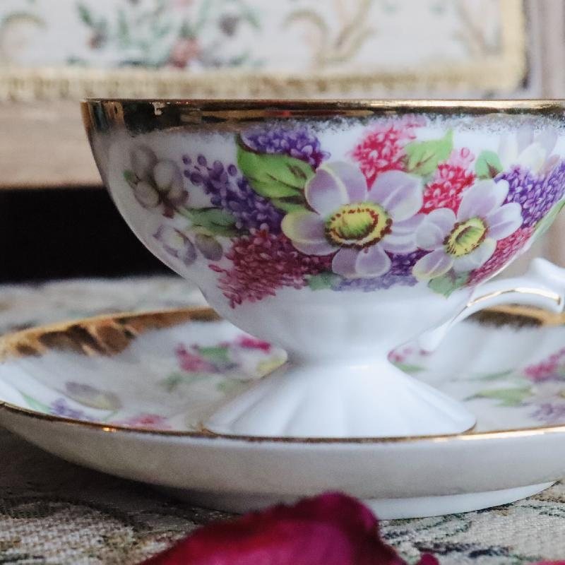 C.a. 1950-60s Japanese Shafford Hand Decorated Pink & Purple Footed Tea Set Duo (MT1682)