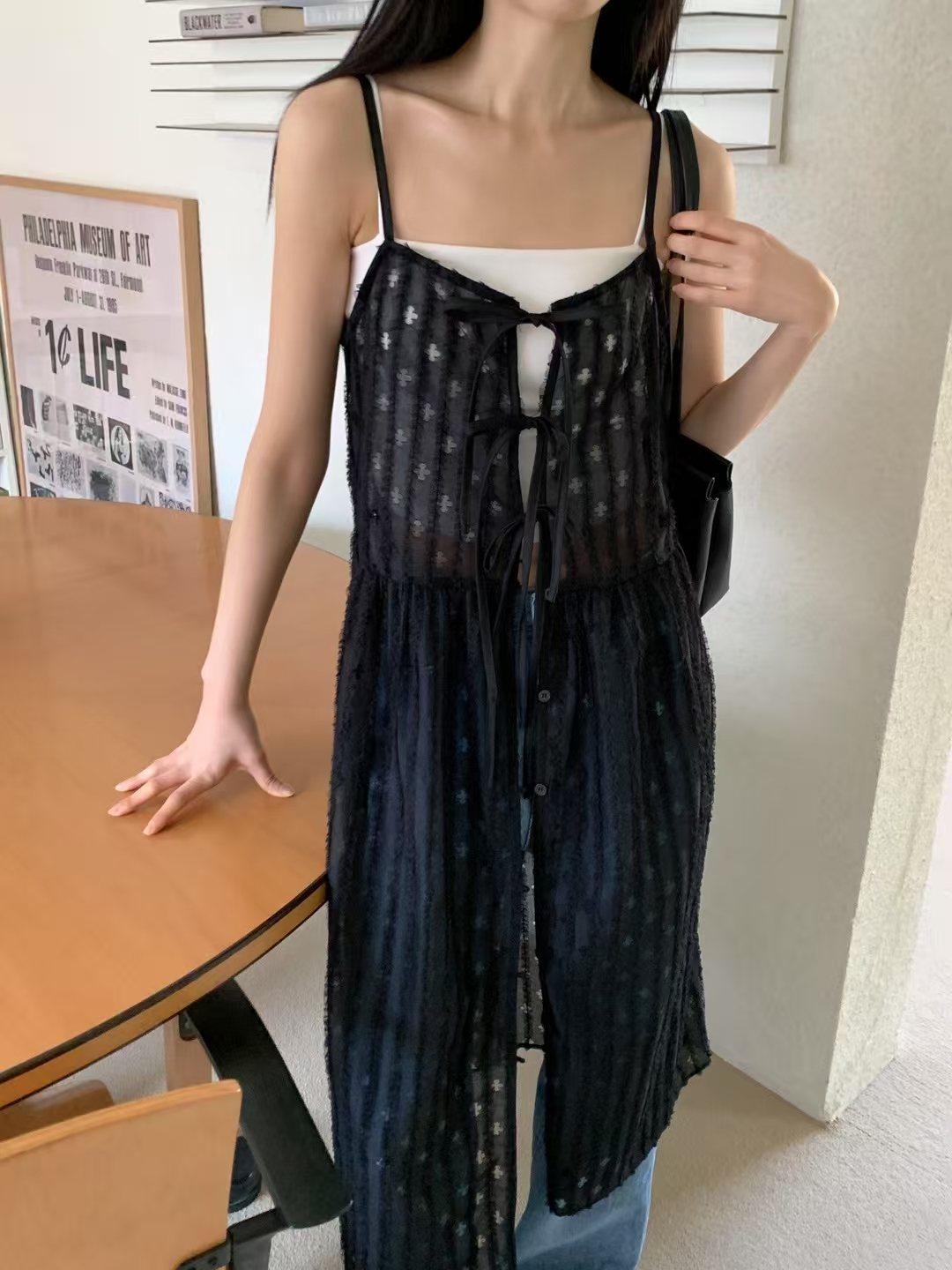 Spaghetti Strap Bow Tie Embroidered Sheer Mesh Long Top ‖ 吊带蝴蝶结绑带刺绣网纱长版上衣 KR01902203