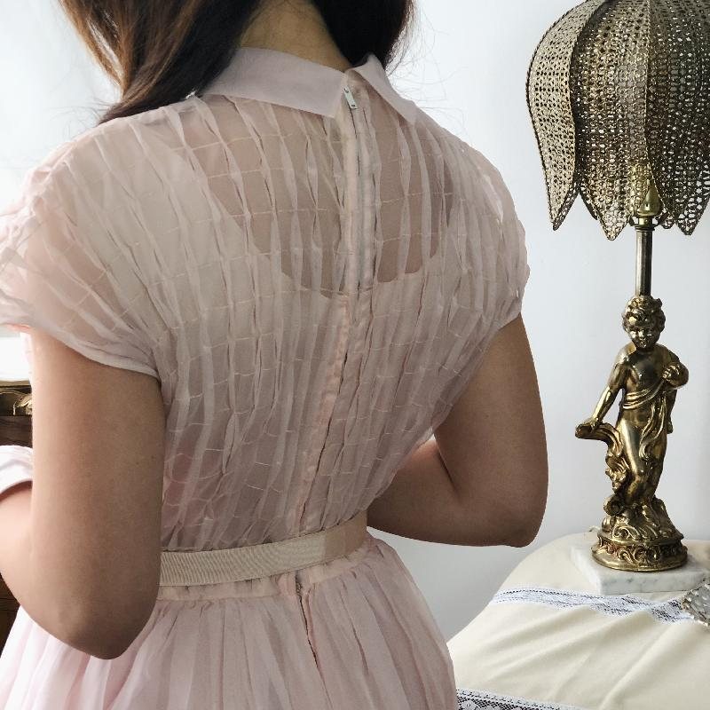 RARE! 1950s Blush Pink Gathered Textured Fit and Flare Gown and Belt/Day & Night Dress (MT916)