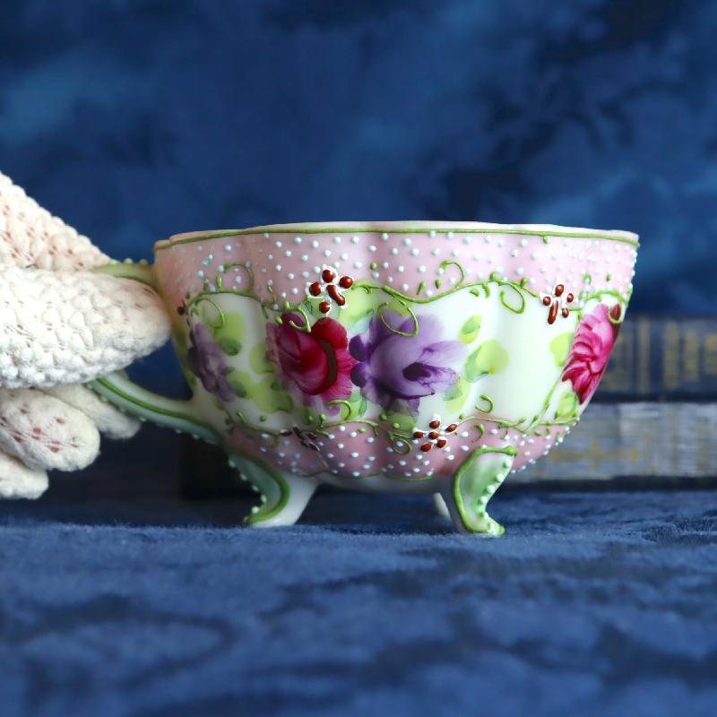 RARE! Antique Pre-Nippon Era Hand-painted floral &Relief Dot Pattern Three-legged Tea Set Duo - Eggshell porcelain(MT1569)