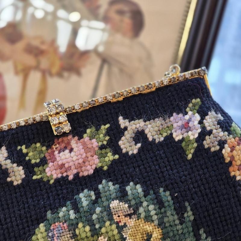 Rare! Courting Couple Needlepoint with Rhinestone Frame Handbag - Missing 2 stitches (MT2505)